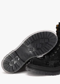 Rammie Black Leather Camo Ankle Boots