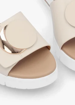Romoon Beige Leather Circle Moon Mules