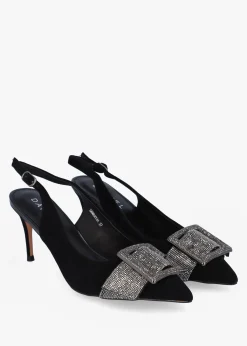 Samantha Black Suede Diamante Buckle Heeled Sling Backs