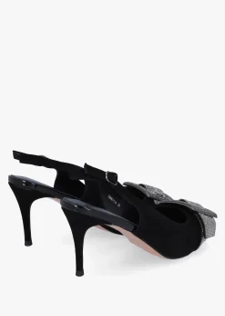 Samantha Black Suede Diamante Buckle Heeled Sling Backs