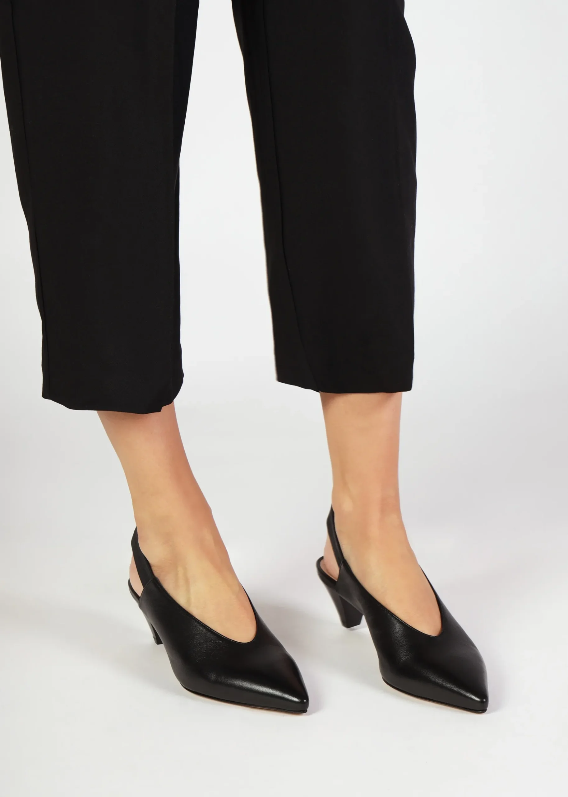 Sani Black Leather Pointed Almond Toe Heeled Sling Backs