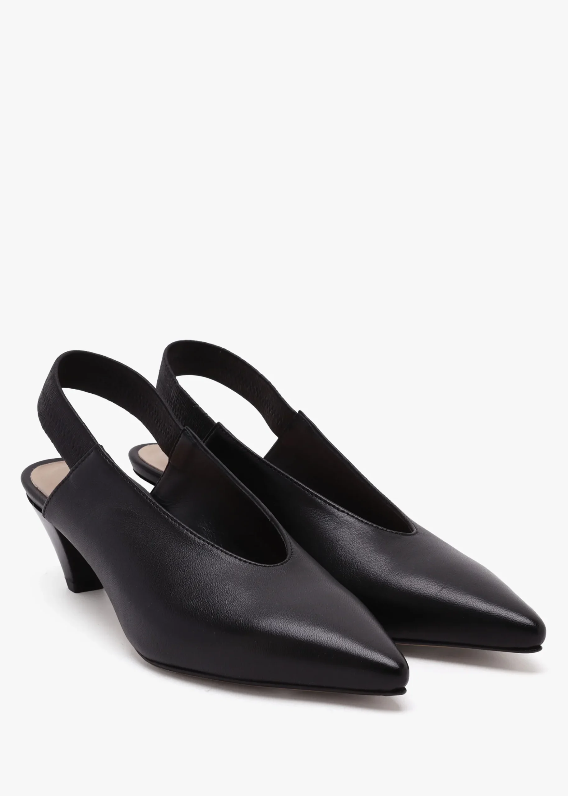 Sani Black Leather Pointed Almond Toe Heeled Sling Backs