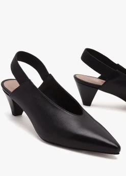 Sani Black Leather Pointed Almond Toe Heeled Sling Backs