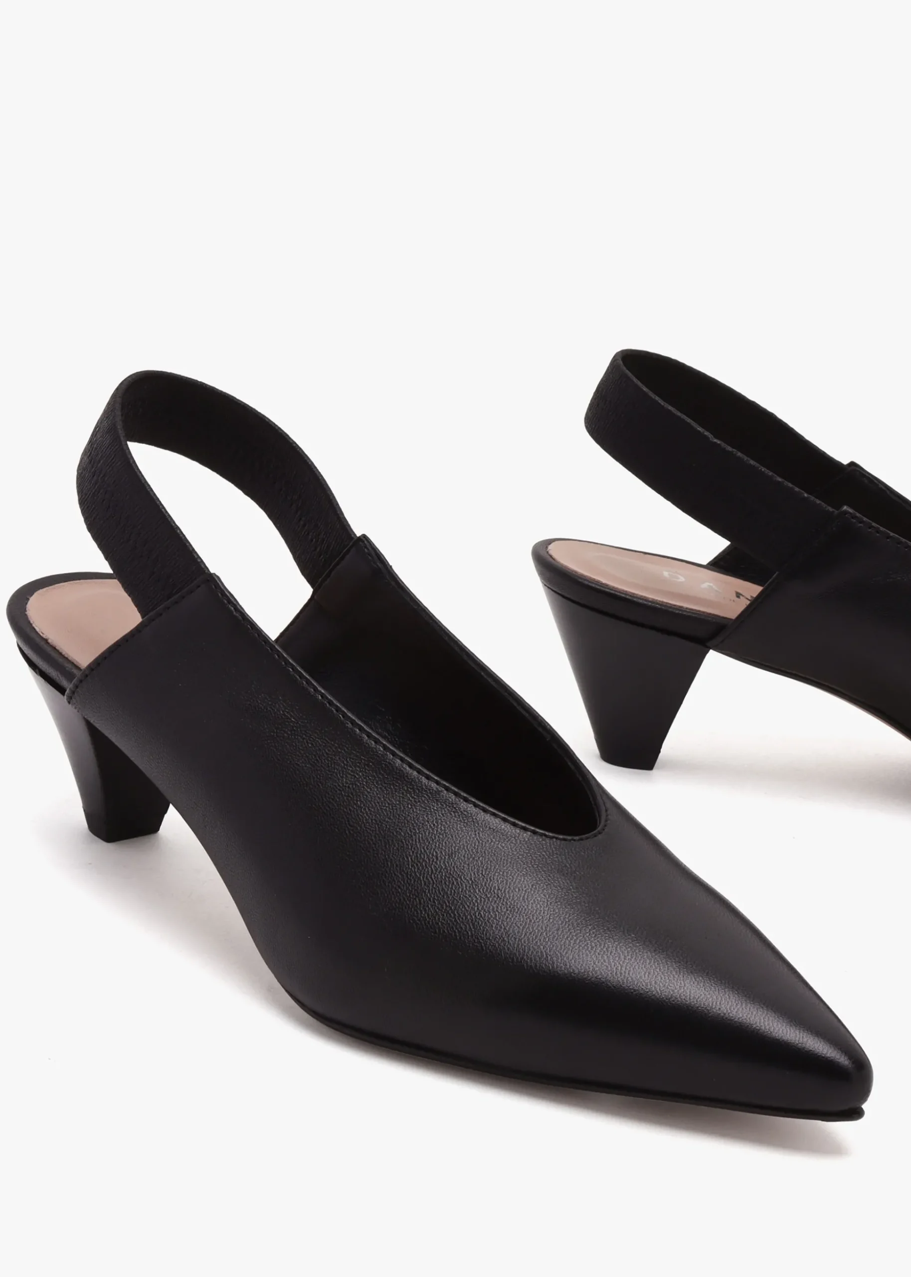 Sani Black Leather Pointed Almond Toe Heeled Sling Backs