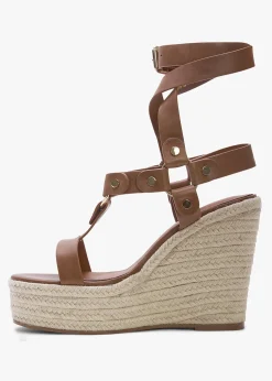 Serenity Tan Leather Ankle Tie Wedge Espadrilles