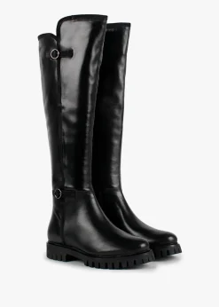 Sictor Black Leather Double Buckle Over The Knee Boots