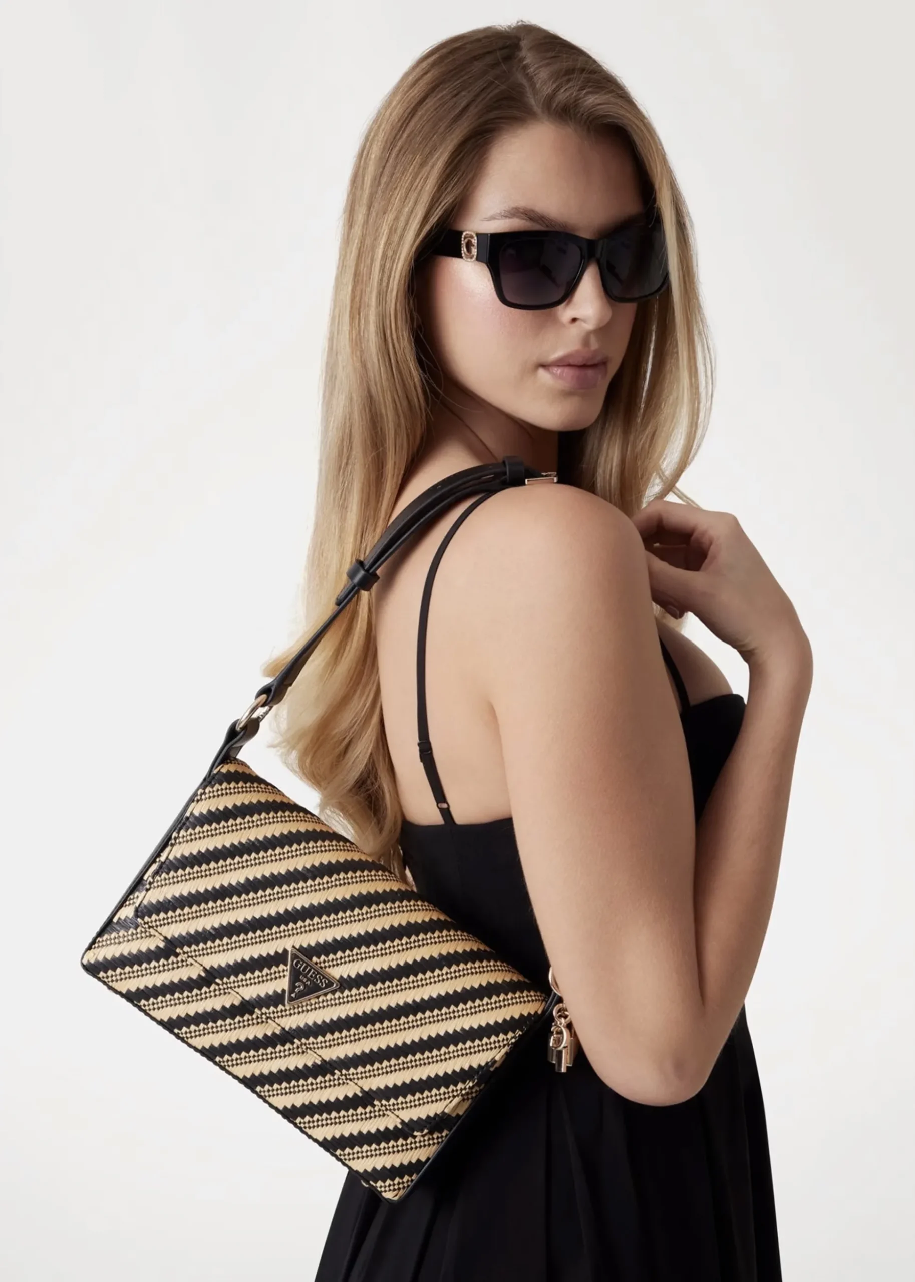 Simona Woven Natural Black Shoulder Bag