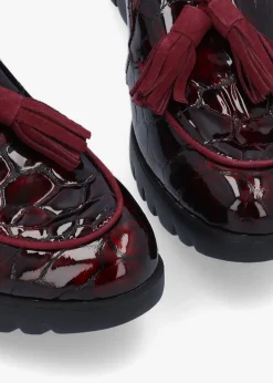 Simone Burgundy Patent Moc Croc Low Wedge Moccasins