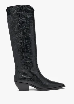 Skira Black Leather Moc Croc Western Knee Boots