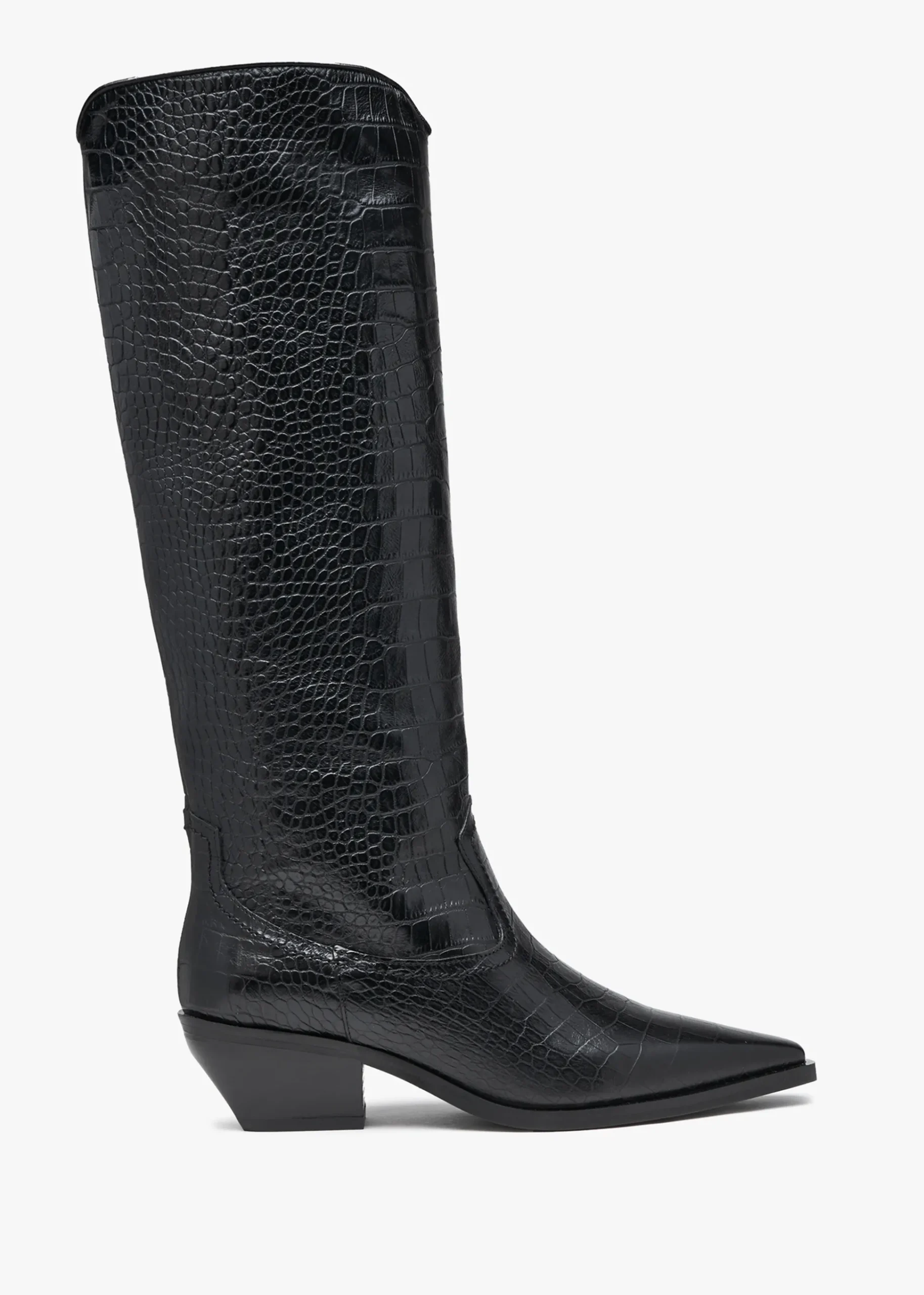 Skira Black Leather Moc Croc Western Knee Boots