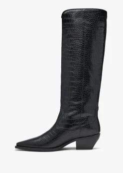 Skira Black Leather Moc Croc Western Knee Boots