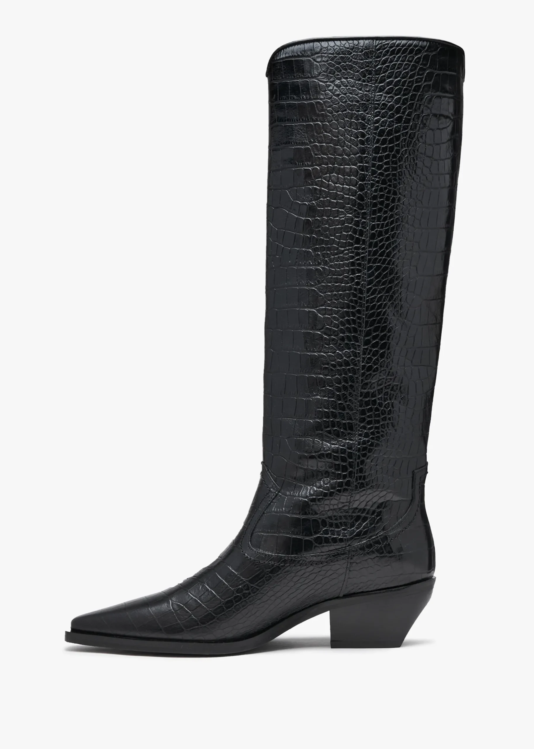 Skira Black Leather Moc Croc Western Knee Boots