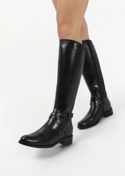 Slasty Black Leather Knee Boots