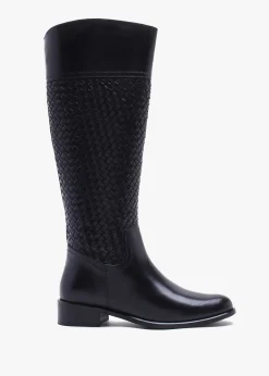 Solar Black Leather Woven Knee Boots