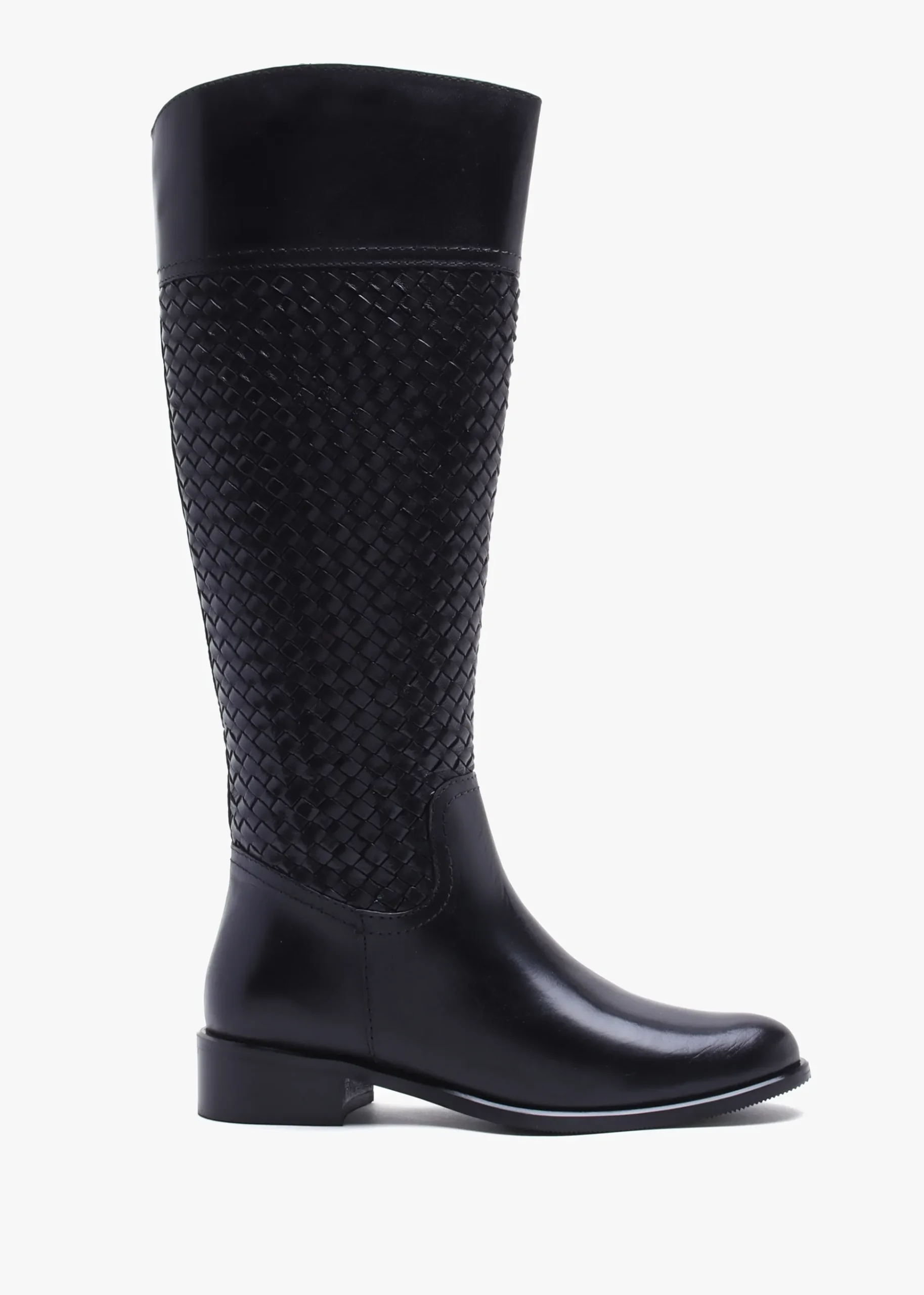 Solar Black Leather Woven Knee Boots