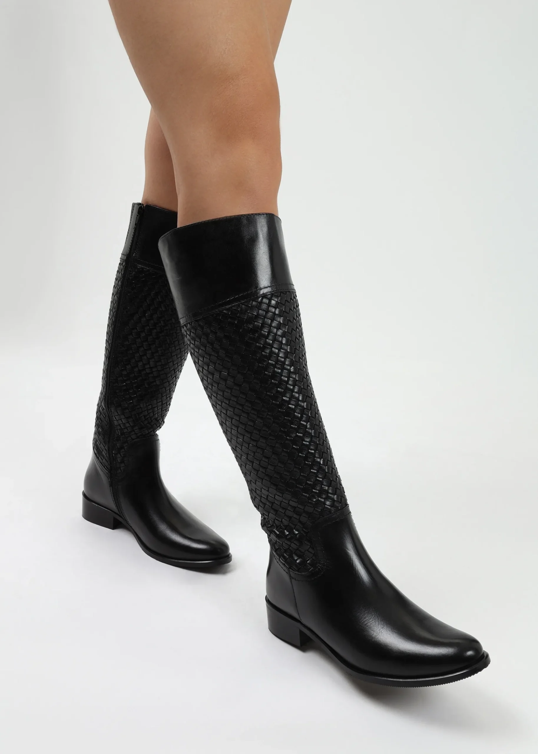 Solar Black Leather Woven Knee Boots