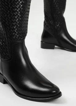 Solar Black Leather Woven Knee Boots