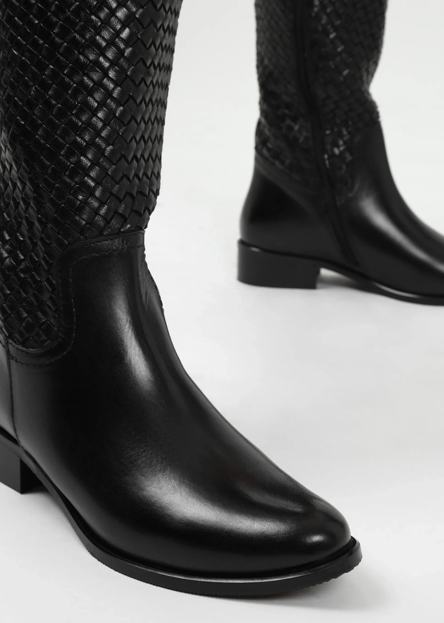 Solar Black Leather Woven Knee Boots