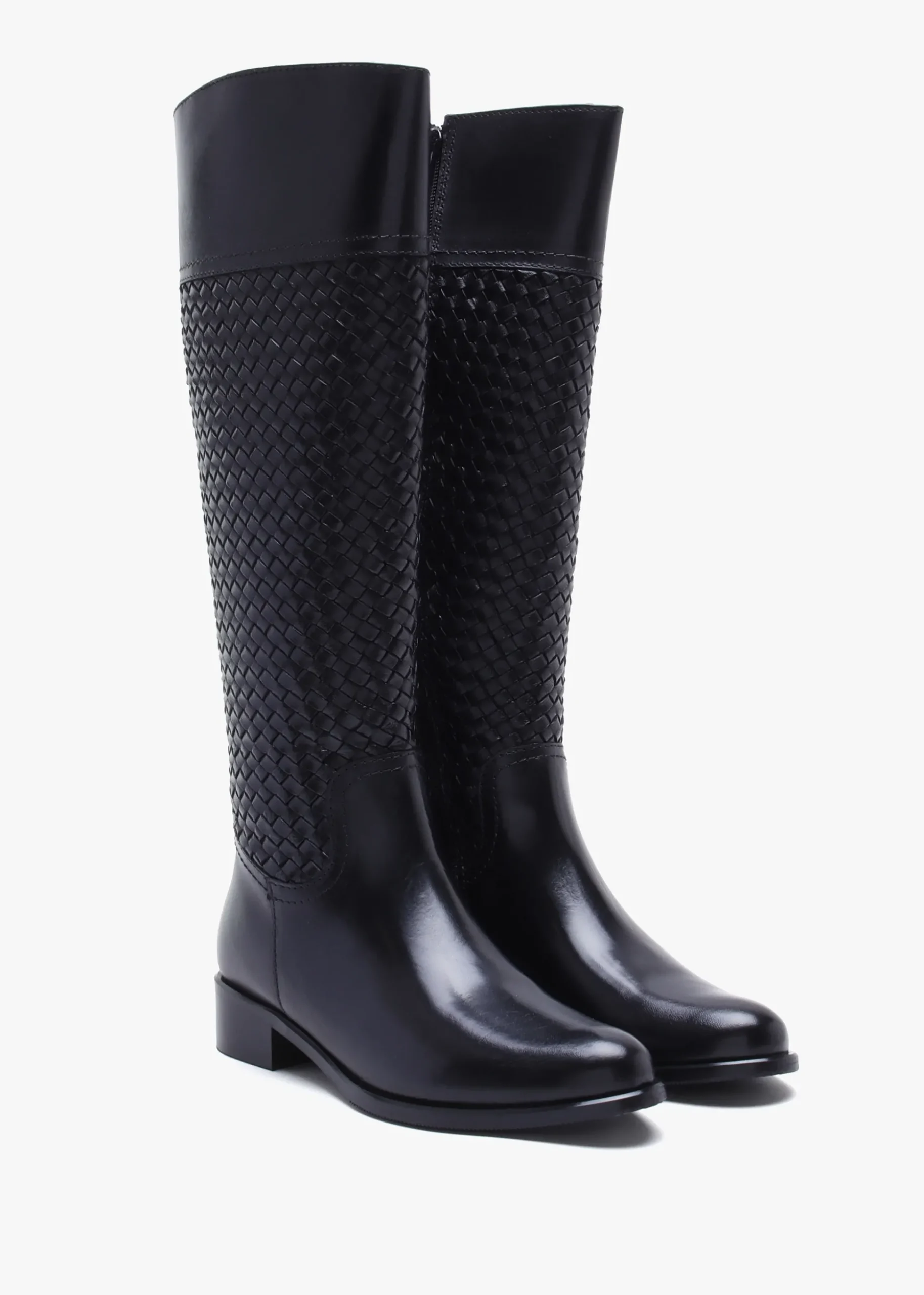 Solar Black Leather Woven Knee Boots