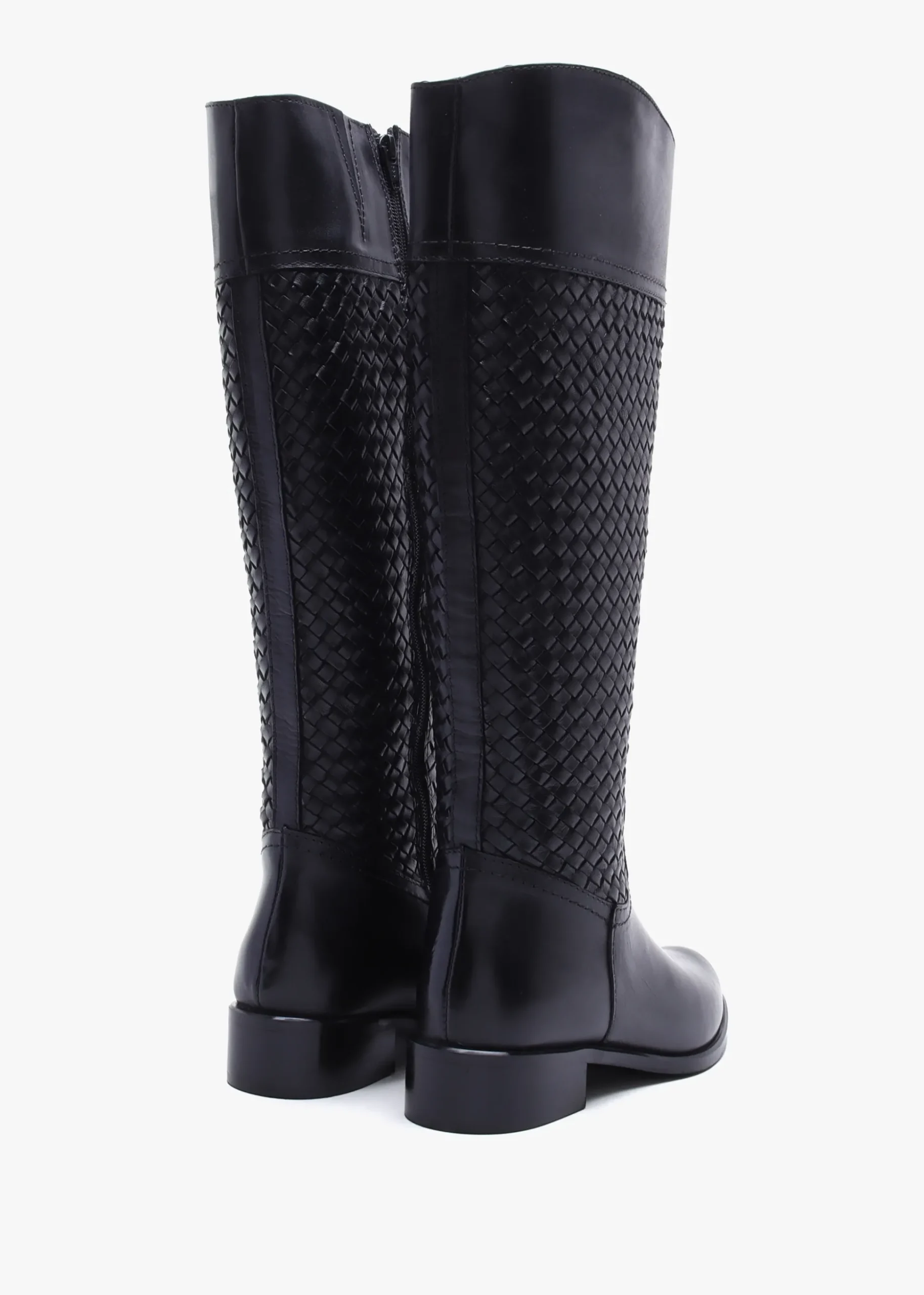 Solar Black Leather Woven Knee Boots