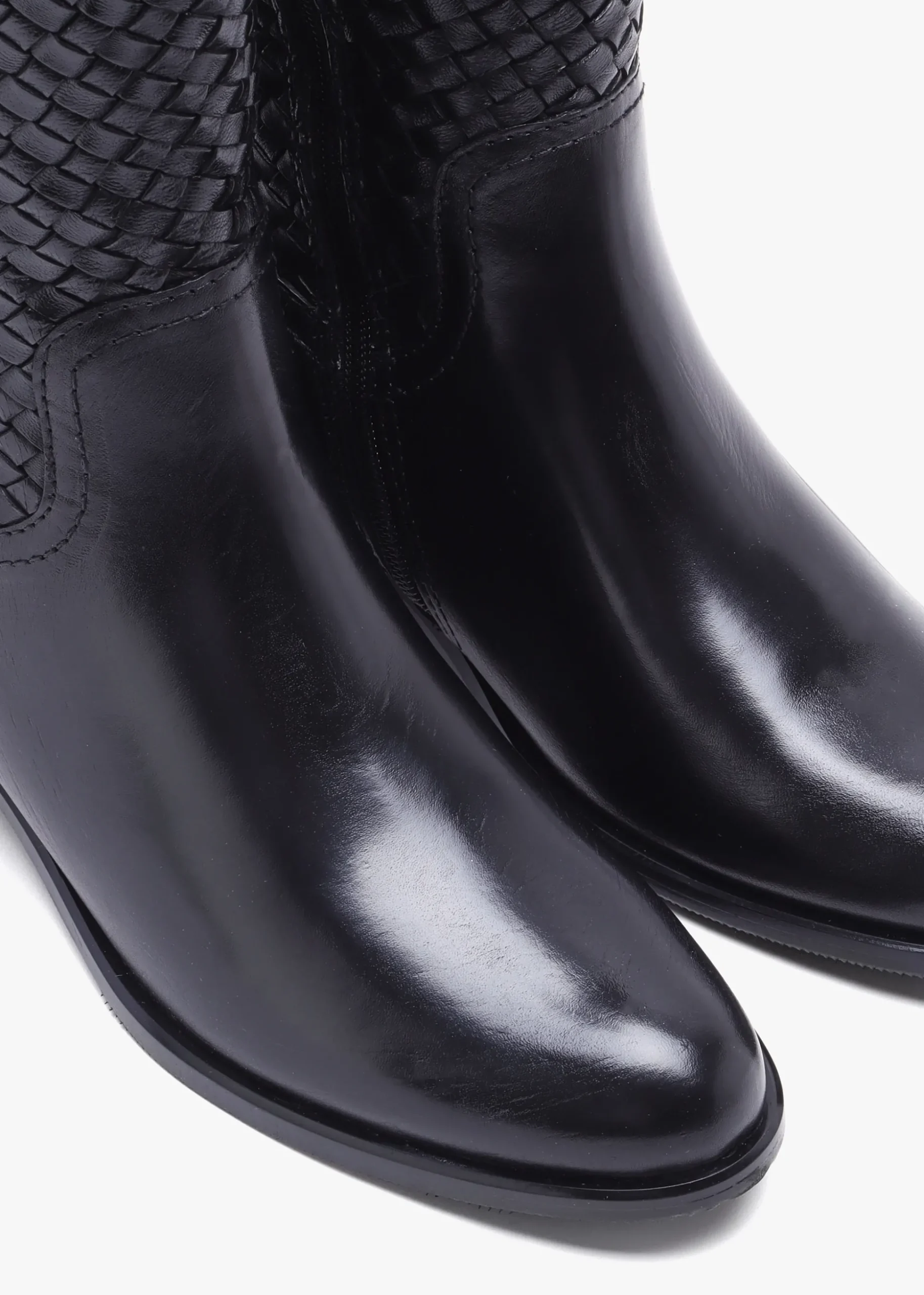 Solar Black Leather Woven Knee Boots