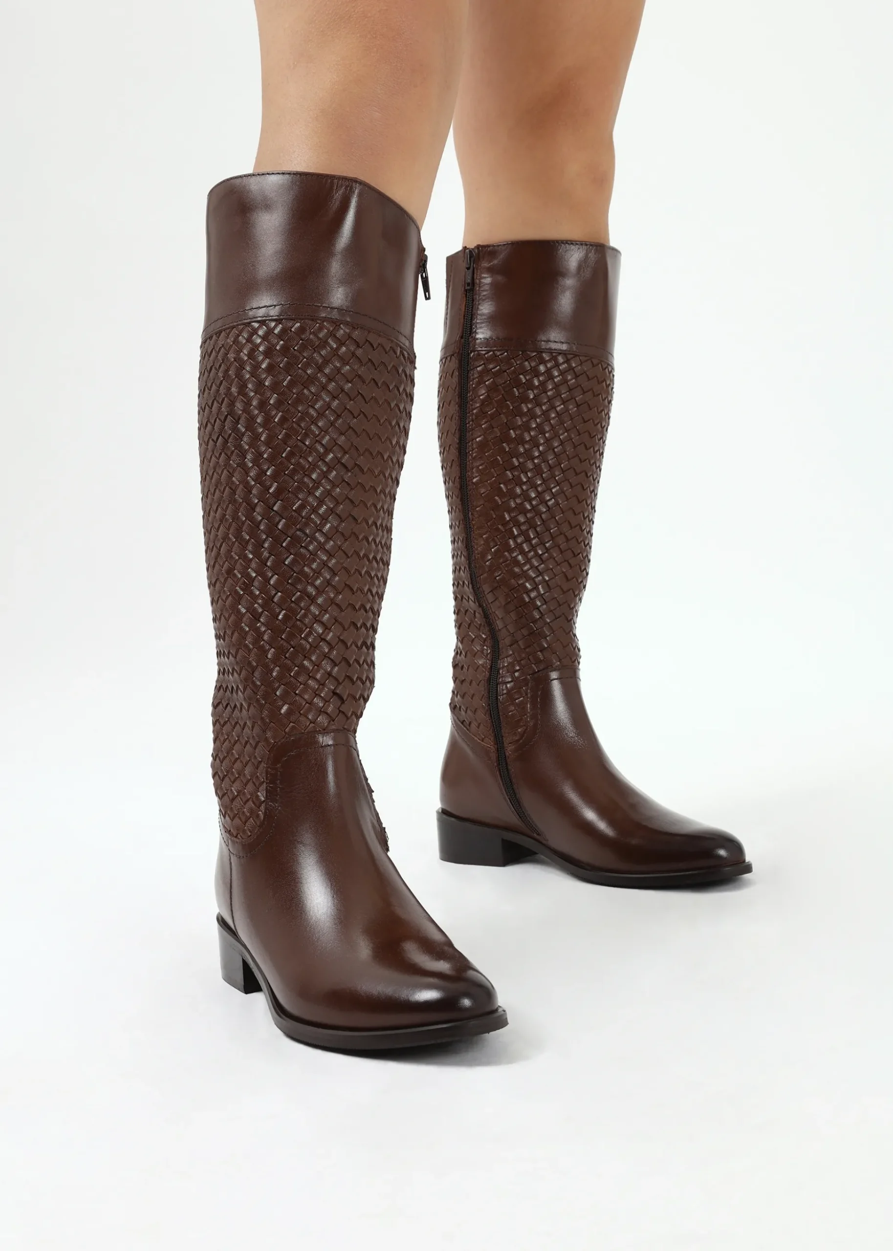 Solar Brown Leather Woven Knee Boots