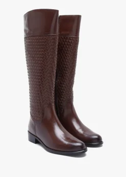 Solar Brown Leather Woven Knee Boots