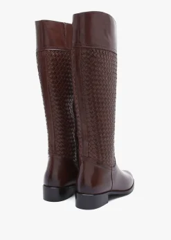 Solar Brown Leather Woven Knee Boots