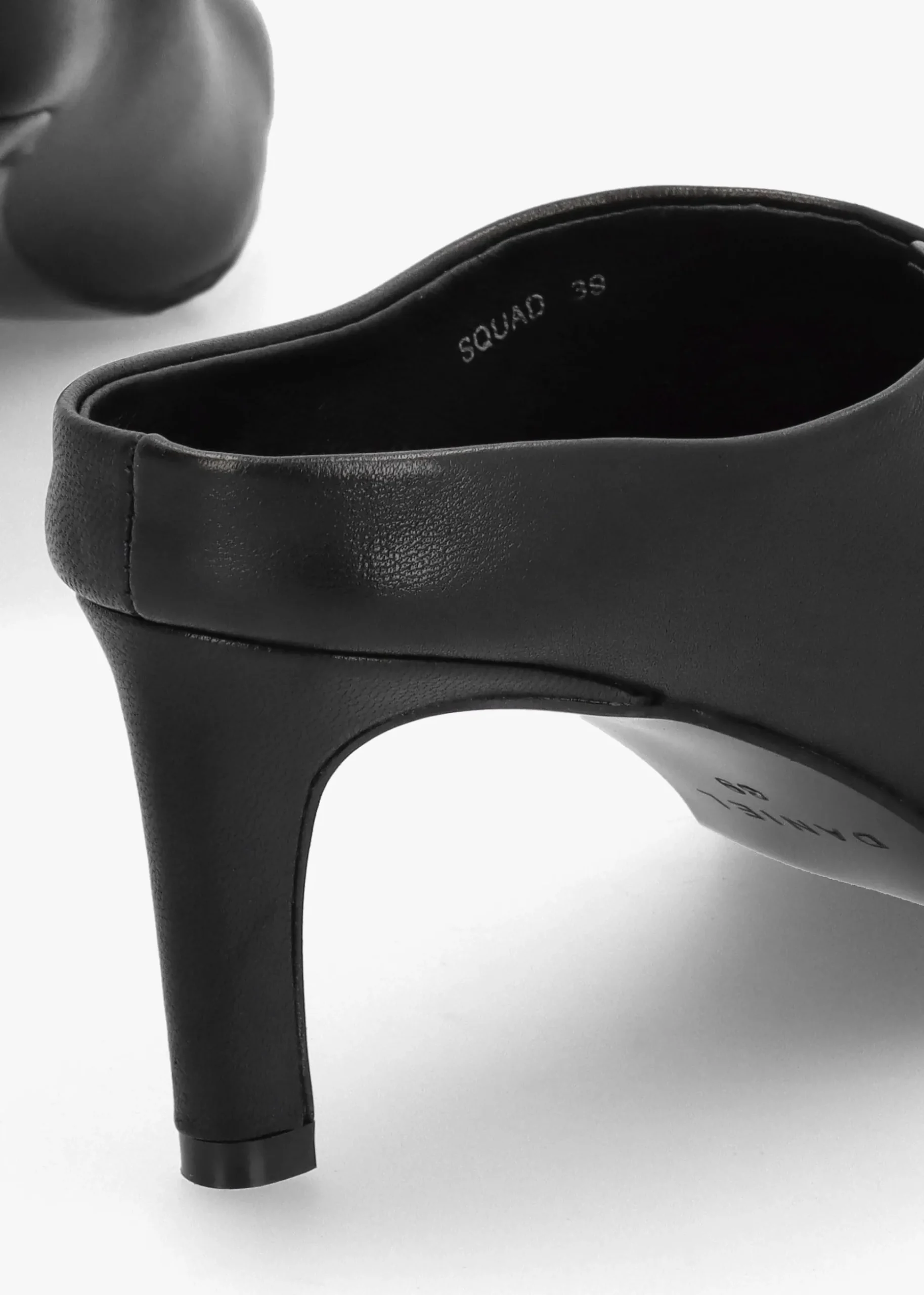 Squad Black Leather Square Toe Heeled Mules