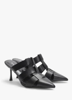 Sylvie Black Leather Pointed Toe Heeled Mules