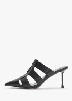 Sylvie Black Leather Pointed Toe Heeled Mules