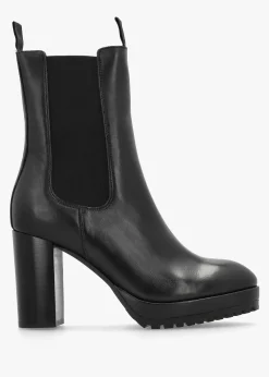 Thea Black Leather High Block Heel Platform Chelsea Boots