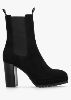 Thea Black Suede High Block Heel Platform Chelsea Boots