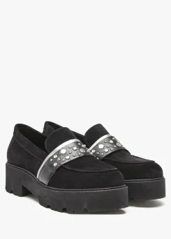Tia Black Suede Embellished Chunky Loafers