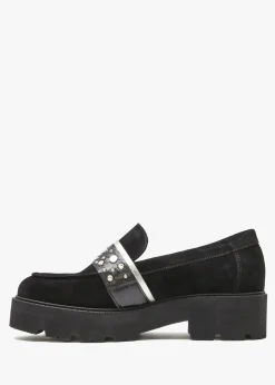 Tia Black Suede Embellished Chunky Loafers