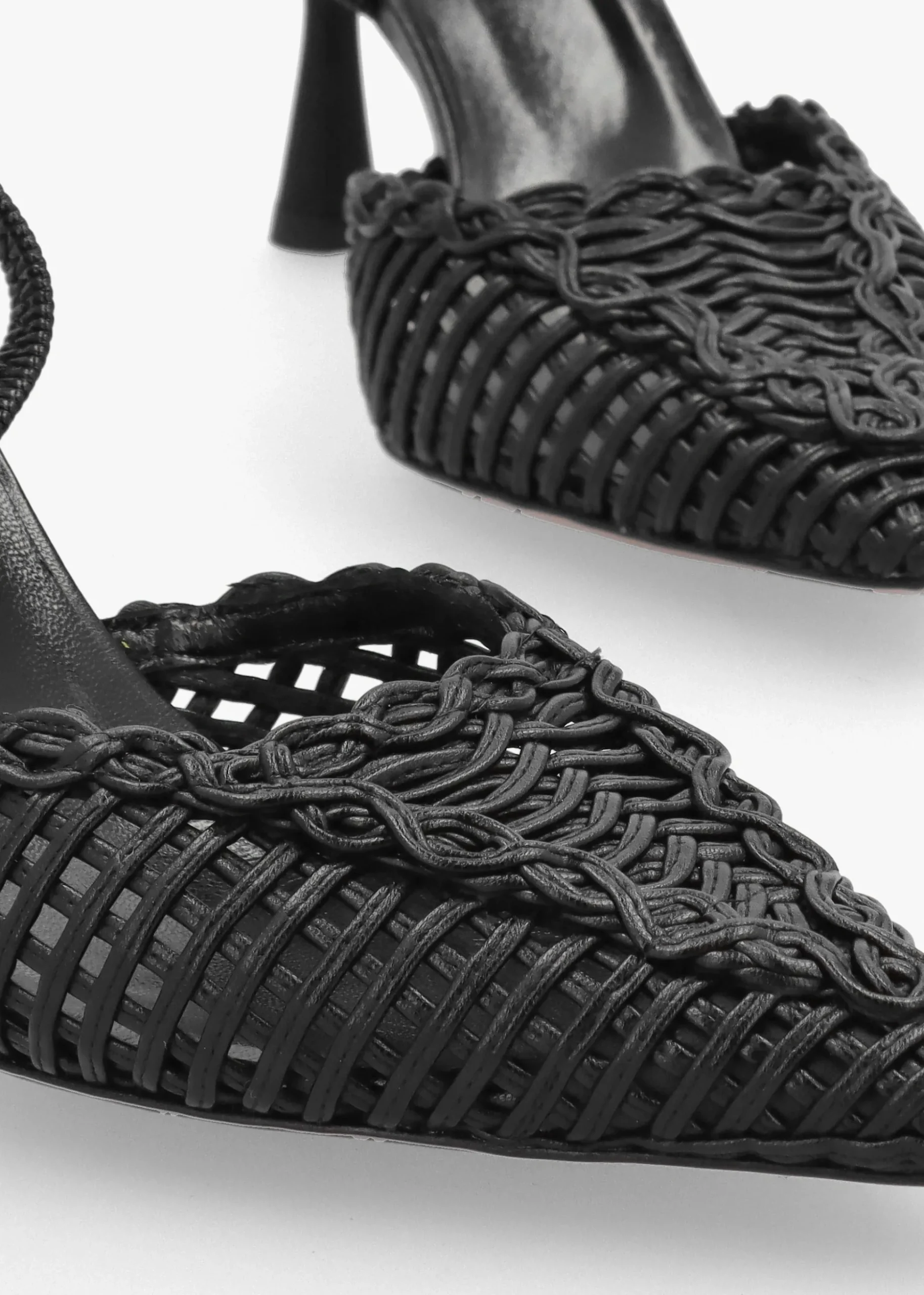 Tiffi Black Leather Woven Sling Back Mid Heel Court Shoes