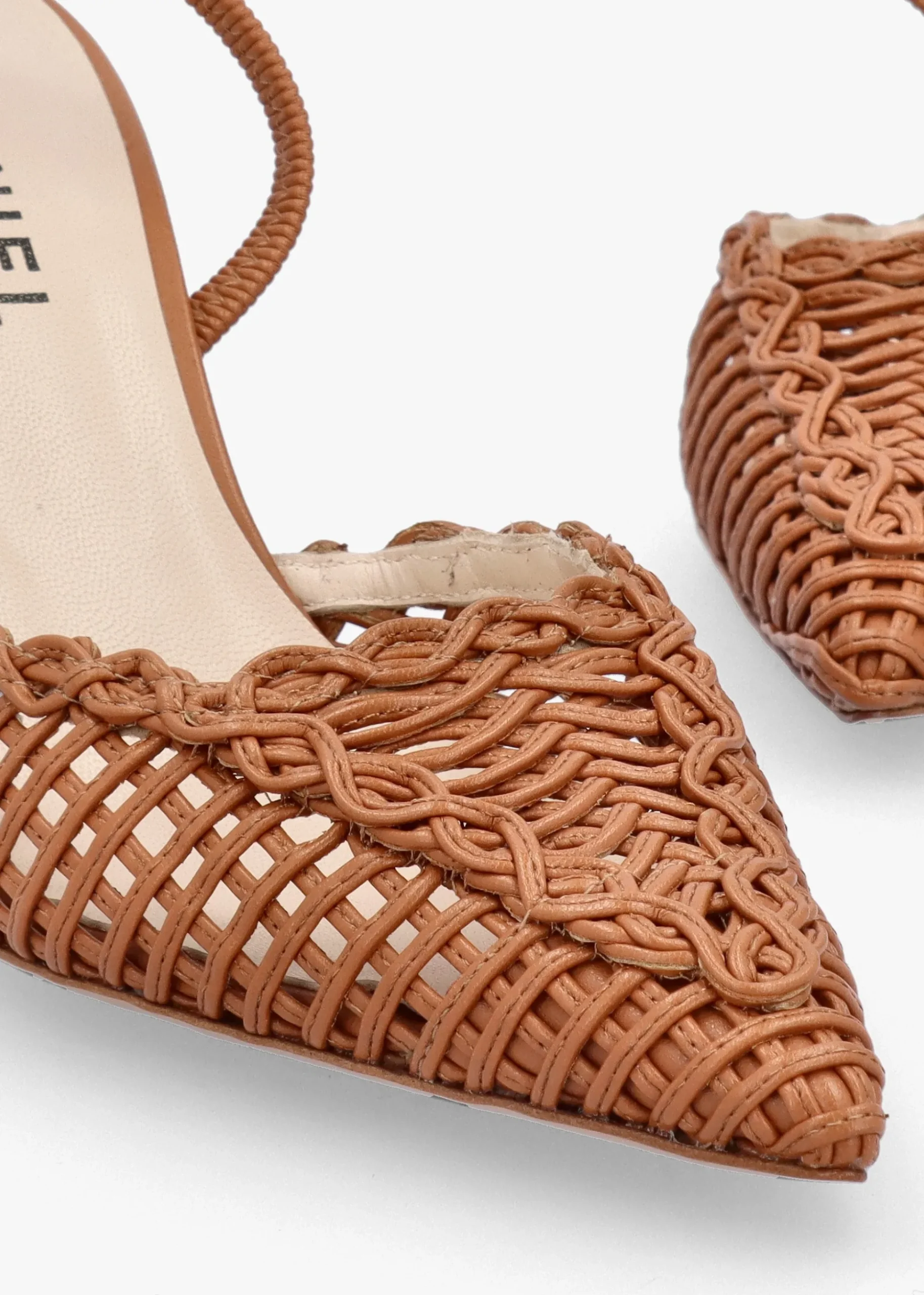 Tiffi Low Tan Leather Woven Sling Back Mid Heel Court Shoes