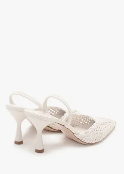 Tiffi Low White Leather Woven Sling Back Mid Heel Court Shoes