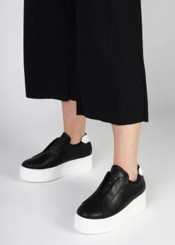 Tred Black Smooth Leather Laceless Flatform Trainers