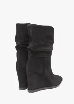 Tully Black Suede Rouched Wedge Calf Boots