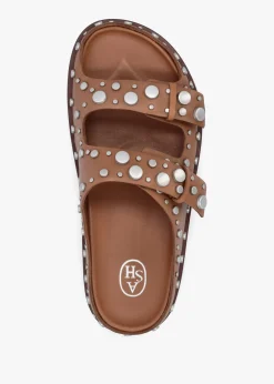 Ultra Tan Leather Studded Two Bar Mules