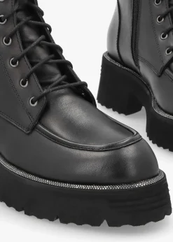 Virtus Black Leather Glitter Trim Ankle Boots
