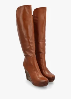 Wisdom Tan Leather Knee High Wedge Boot