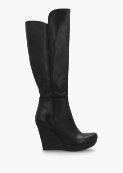 Wiser Black Leather Knee High Wedge Boots