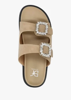 Yazzy Taupe Suedette Jewel Buckle Mule