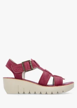 Yudd Berry Leather Wedge Sandals
