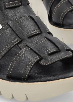 Yudd Black Leather Wedge Sandals